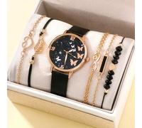 HIFFEY Montre en Cuir for Femmes, Montre à Quartz avec Cadran Papillon Exquis, Ensemble combiné de Bracelets for Dames (sans boîte) (Color : Black)