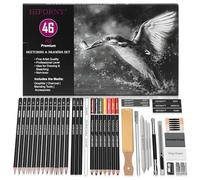 HIFORNY Lot de 46 crayons à croquis, crayons à croquis, fournitures artistiques avec crayons de couleur fusain, graphite, fusain, outils de mélange, accessoires, kit de dessin pour artistes adultes
