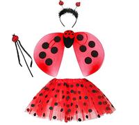 Hifot 4 pièces Costume de Coccinelle pour Enfant Filles, Déguisement de Coccinelle Ladybug Tutu Jupe Ailes Baguette et Serre-tête pour Halloween Carnaval Cosplay