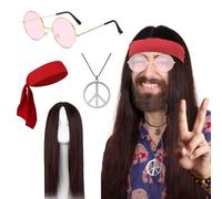 Hifot 5Pcs Punk Rock Perruque Longue Bandeau Rouge Lunettes Rondes de Soleil Collier de Paix, Rocker Déguisement Année 60 70 80, Deguisement Disco Homme Hippie Perruque pour Halloween Fête Cosplay