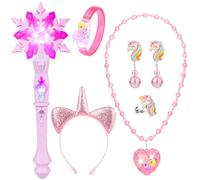 Hifot Baguette Magique Lumineuse Baguette Magique Flocon de Neige avec Effets Sonores Accessoire Princesse avec Serre-Tête, Bijoux Licorne, Bracelet Lumineux et Pendentif à Led Clignotante pour Fille