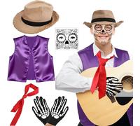 Hifot Deguisement Halloween Homme, Gilet Violet, Chapeau de Paille, écharpe Rouge, Gants Squelettes, Autocollants Tatouages Faciaux Accessoires Halloween Adultes Jour des Morts Cosplay Carnaval Party