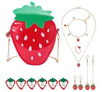 Hifot Fraise Sac a Main Bijoux Enfants Fille, Strawberry Collier Bracelet Boucle d'oreille Bagues Accessoires de Cheveux Mignons Princesse kit Bijoux pour Cadeaux de fête Cadeau Jeu d'habillage