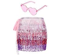 Hifot Jupe Paillette de Franges, Sequin Foulard Danse Orientale et Lunettes Coeur, Écharpe de Hanche pour Danse du Ventre Rave Outfit Robe Festival, Franges en Sequins pour Femmes