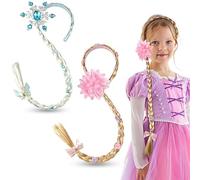 HIFOT Lot de 2 perruques princesses pour fille, perruque Raiponce Elsa La Reine des Neiges, fleurs tressées, fête d'anniversaire, cosplay Raiponce Costume Accessoires avec fleurs Couronne (platine