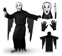 Hifot Masque Halloween Effrayant Adulte Deguisement Halloween Enfant Cape Noir Jouet Couteau Deguisement Horreur Masque Realiste Fantome Homme Cosplay Accessoire Gants Noir Cape 130cm