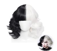 HIFOT Perruque Cruella D'enfer, Perruque Noire et Blanche Frange, Perruque Courte Femme Bouclée pour Cosplay Halloween Carnaval Déguisements