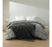HIG Couette 4 Saisons 240×220 cm avec Plaid en Flanelle Polaire 150×200 cm - Ensemble Couette Matelassée Grise, Garnissage Microfibre 300 g/m², Plaid Canapé Gris Foncé, Certifié Oeko-TEX