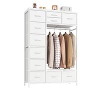 HIGDBFE Commode 2 en 1 avec étagère suspendue, commode à 11 tiroirs pour chambre à coucher, placard, meuble TV avec étendoir à vêtements, commode avec dessus en bois pour salon, chambre d'enfant