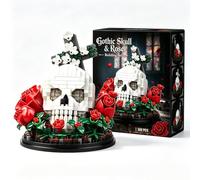 HIGH GODO Lot de 582 blocs de construction gothiques à clipser - Tête de mort LED en roses avec croix de fond - Décoration d'intérieur gothique - Cadeau d'anniversaire pour Halloween - Pour