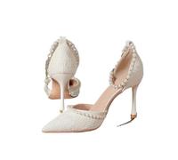 High Heeled Shoes Women's Sandals with A Thin Heel and Pointed Toe A Straight Cut Lace Surface White Pearl Bridal Women(White 7cm,40)