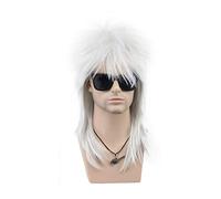 High-Quality Men's Wig, Perruques de cheveux longs et raides for homme avec frange Perruque synthétique grise argentée moelleuse for homme des années 80 Cosplay Rock Punk Disco Perruque en fibre natur