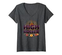 High Roller Gambling Casino Dés & Chips Graphiques T-Shirt avec Col en V, Femme, Chiné Foncé, S