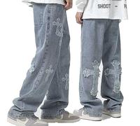 High Street Cross Patch Jeans Mens Trendy Brand Hip-Hop Handsome Straight Loose Wide Leg Long Pants(Blue,XXL)