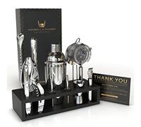 Highball & Chaser Kit barman avec support en bambou Espresso. Magnifique ensemble de bar à cocktail Cobbler avec accessoires de bar. Kit barman en acier inoxydable 304 avec support argent