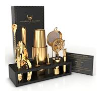 Highball & Chaser Kit de barman avec support en bambou noir, bel ensemble shaker à cocktail et outils de bar en acier inoxydable avec support (doré antique)