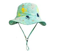 Highdi Chapeau de Soleil pour Enfant avec Mentonnière Réglable, Chapeaux de Pêcheur Imprimé à Bord Large UPF 50+, Bébé Fille Garçon Été Voyage Plage Chapeaux (Poulpe Vert,54cm)