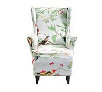 Highdi Housse de Fauteuil à Oreilles 2 Pièces avec Housse Ottomane Extensible, Couverture de Fauteuil avec Housse de Coussin en T, Imprimé Housse de Fauteuil Antidérapante (Fleurs et Oiseaux)
