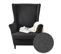 Highdi Housse de Fauteuil à Oreilles Extensible 2-Pièces Couverture de Fauteuil avec Housse de Coussin, Plante Jacquard Couleur Unie Strandmon Housse de Fauteuil Antidérapante (Noir)
