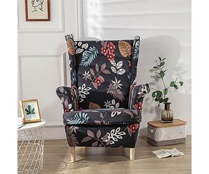 Highdi Housse de Fauteuil à Oreilles Extensible 2 Pièces Couverture de Fauteuil avec Housse de Coussin en T, Imprimé Housse de Fauteuil pour Hôtel, Salon, Chambre (langage des Fleurs)