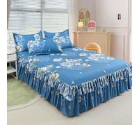 Highdi Jupe de lit à Volants Élastique, Imprimé Floral Coloré Couvre-lit Cache Sommier avec Ourlet, Confort Drap Housse avec 2 Taies d'oreiller Para Lit Double Simple (Bleu 1,200x220cm)