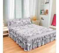 Highdi Jupe de lit à Volants Élastique, Imprimé Floral Coloré Couvre-lit Cache Sommier avec Ourlet, Confort Drap Housse avec 2 Taies d'oreiller Para Lit Double Simple (Gris-Violet,200x220cm)