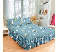 Highdi Jupe de lit à Volants Élastique, Imprimé Floral Coloré Couvre-lit Cache Sommier avec Ourlet, Confort Drap Housse avec 2 Taies d'oreiller Para Lit Double Simple (Bleu Poudré,180x200cm)