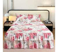 Highdi Jupe de lit à Volants Élastique, Imprimé Floral Rétro Couvre-lit Cache Sommier avec Ourlet, Confort Drap Housse avec 2 Taies d'oreiller Para Lit Double Simple (Blanc Rose 2,180x220cm)