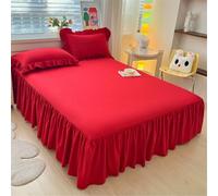 Highdi Jupe de lit à Volants Microfibre Couvre-lit Couleur Unie Coloré Doux et Antidérapant Cache Sommier avec Ourlet Élastique Drap Housse Para Single Queen King (180x200cm,Rouge)