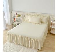 Highdi Jupe de lit à Volants Microfibre Couvre-lit Couleur Unie Coloré Doux et Antidérapant Cache Sommier avec Ourlet Élastique Drap Housse Para Single Queen King (140x200cm,Beige)