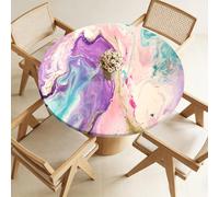 Highdi Nappe Ronde avec Bord Élastique pour Ø 100-120cm, Nappe de Table Antidérapante Anti-Tache Protection de Table Extensible pour Fête, Jardin, Cuisine, Maison (Marbre Rose 1,90cm)