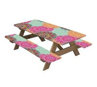 Highdi Nappes pour Table de Pique Nique avec Housses de Banc, Nappe Rectangulaire Ajustée Couverture de Table imperméable Élastique pour Extérieur, Jardin, Camping, Fête (30*72 pouces,kaléidoscope 11)