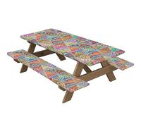 Highdi Nappes pour Table de Pique Nique avec Housses de Banc, Nappe Rectangulaire Ajustée Couverture de Table imperméable Élastique pour Extérieur, Jardin, Camping, Fête (30*72 pouces,Kaléidoscope 8)