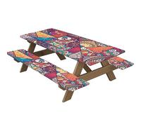 Highdi Nappes pour Table de Pique Nique avec Housses de Banc, Nappe Rectangulaire Ajustée Couverture de Table imperméable Élastique pour Extérieur, Jardin, Camping, Fête (30*72 pouces,kaléidoscope 3)
