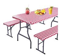 Highdi Nappes pour Table de Pique Nique avec Housses de Banc, Nappe Rectangulaire Ajustée Couverture de Table imperméable Élastique pour Extérieur, Jardin, Camping, Fête (30x72 Pouces,Plaid Rouge)