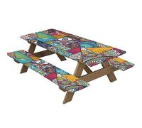 Highdi Nappes pour Table de Pique Nique avec Housses de Banc, Nappe Rectangulaire Ajustée Couverture de Table imperméable Élastique pour Extérieur, Jardin, Camping, Fête (30*72 pouces,kaléidoscope 2)
