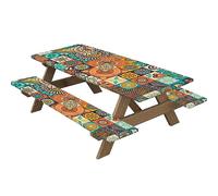 Highdi Nappes pour Table de Pique Nique avec Housses de Banc, Nappe Rectangulaire Ajustée Couverture de Table imperméable Élastique pour Extérieur, Jardin, Camping, Fête (30*72 pouces,kaléidoscope 4)