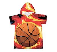 Highdi Poncho de Surf pour Enfant, Modèle Peignoir de Bain Fille Garcon Manches Courtes avec Capuche Poncho Éponge Serviette de Bain (Basket-Ball,M(53x68cm))