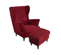 Highdi Velours Housse de Fauteuil à Oreilles 2 Pièces avec Housse Ottomane Extensible, Couverture de Fauteuil avec Housse de Coussin en T, Housse de Fauteuil Antidérapante (Rouge foncé)