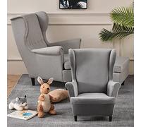 Highdi Velours Housse de Fauteuil à Oreilles Extensible 2-Pièces Couverture de Fauteuil avec Housse de Coussin en T, Couleur Unie Mode Strandmon Housse de Fauteuil Antidérapante (Gris)