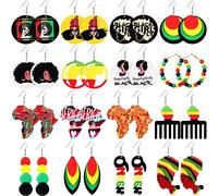 Highergo Juneteenth Lot de 16 paires de boucles d'oreilles africaines rondes peintes en bois africain style ethnique noir histoire pour femme, zinc, sans pierre précieuse