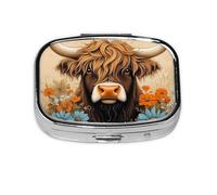 Highland Boîte à pilules carrée en métal avec 2 compartiments de poche Motif vache et fleurs