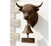 Highland Bull - Resin Cow Shape Farmhouse Bell | Heavy Duty Front Door Chimes, Welcome Bell, Decorative Hanging Bells for Home House Garden Farmhouse Front Porch Outside Women Men