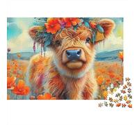 Highland Cattle 1000 pièces Puzzle pour Adultes, Veau des Highlands avec Couronne de Fleurs dans Un Champ de Coquelicots, Haute qualité épais Robuste Difficile Cadeau Familial 52x38cm/1000pcs