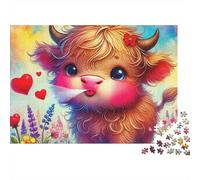 Highland Cattle Puzzles 1000 pièces pour Adultes, Adorable Veau des Highlands soufflant des Bisous en cœur, épais Robuste Vibrant Difficile Anti-Stress Jeu Familial Cadeau 52x38cm/1000pcs
