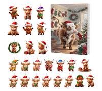Highland Cow Advent Calendars 2025, 24 Days Christmas Countdown Advent Calendars with 2D Acrylic Cute Highland Cow Ornaments for Decor