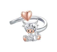 Highland Cow Bague - Jolie bande ouverte réglable avec cœur adorable, bijou à breloques en forme d'animal délicat | Cadeau pour femmes et filles, Noël, Saint-Valentin, anniversaire, Rome