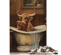 Highland Cow Bathroom Book Puzzles 1000 Pieces Cadeau Unique Jeu Éducatif Défi Jouet À De Qualité Supérieure Peinture Art pour Adultes Enfants 500pcs (52x38cm)