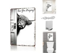 Highland Cow Bathroom Sign, The Cheeky Visitor: Vintage Highland Cow Sign - Funny"Are You Pooping?" Wall Decor, 8x12 Inch Rustic Farmhouse Toilet Art Decoration (11.8 * 7.9in)