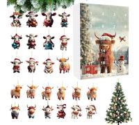 Highland Cow Calendrier de l Avent,Pendentif de Noël 2D Vache des Highlands Décompte | 24 Jours Fournitures de Fête pour Maison Cheminée Chambre Salon Voiture Sac à Dos Fenêtre